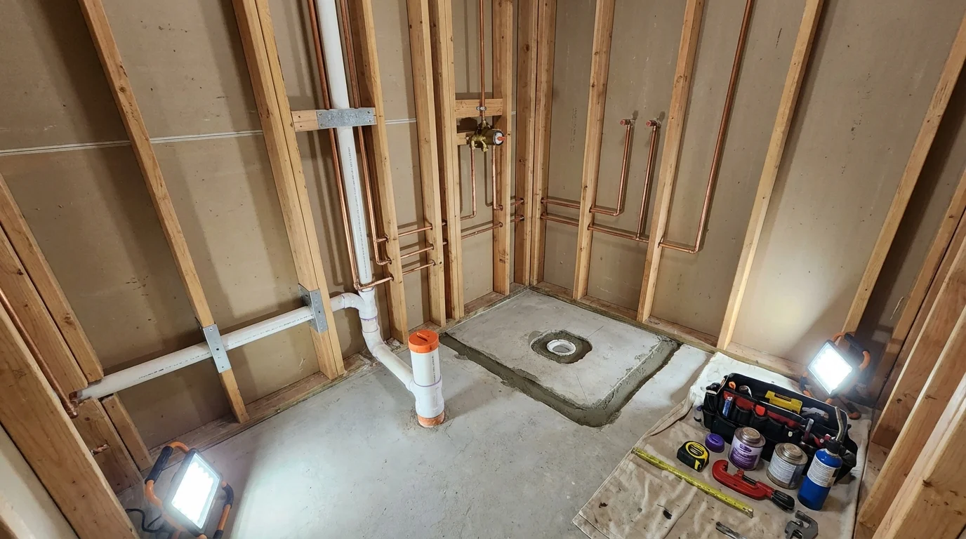 Bathroom rough-in plumbing during remodel by Johns Plumbing LLC in Summerland