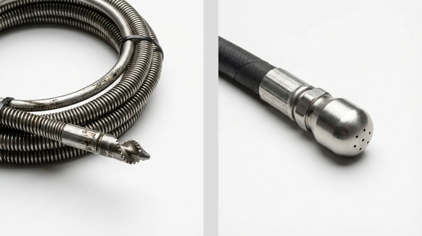 Drain snake cable and hydro jetting nozzle used for drain cleaning in Summerland, CA