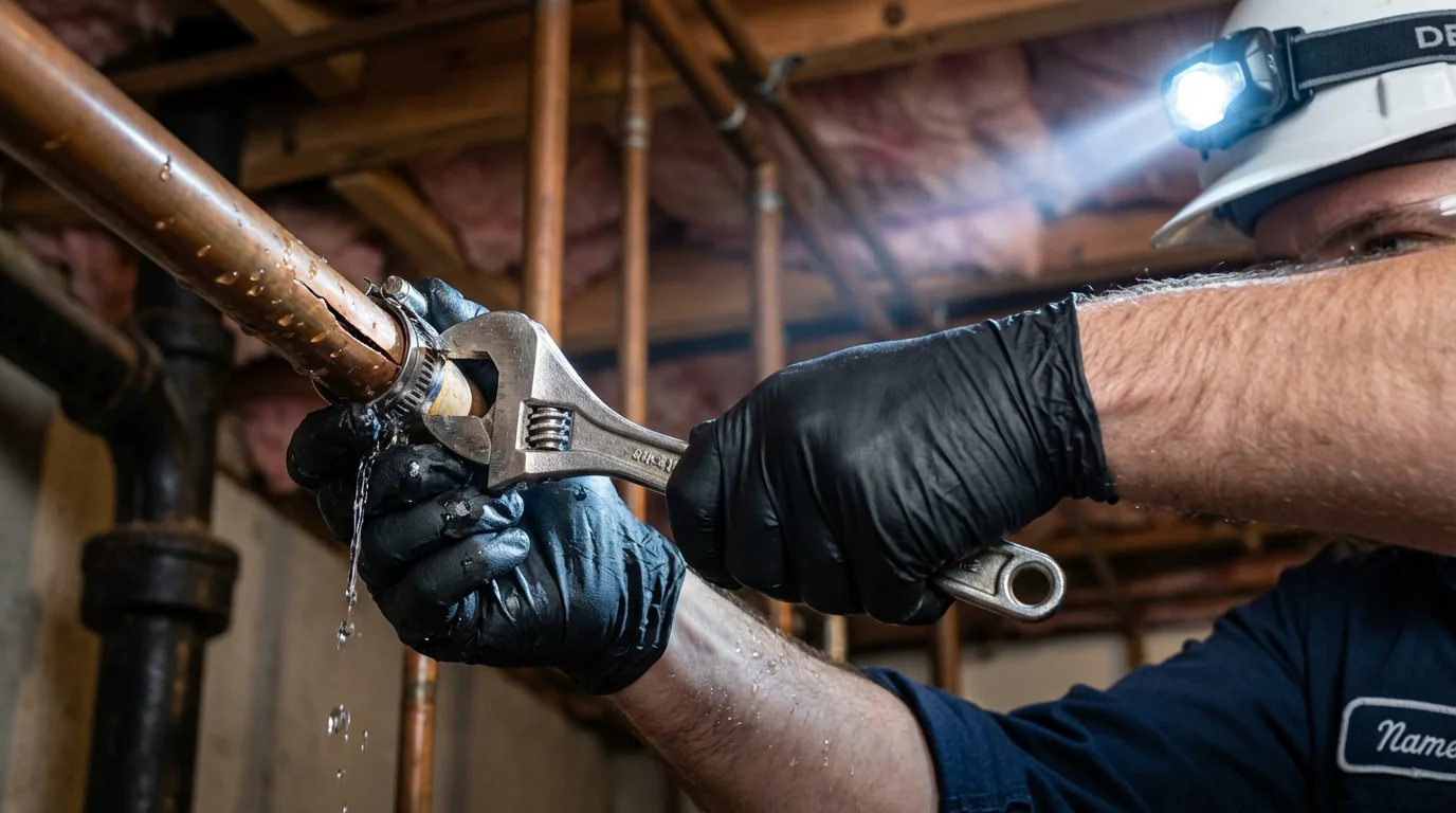 Emergency pipe clamp repair being performed by a Johns Plumbing LLC plumber in Summerland