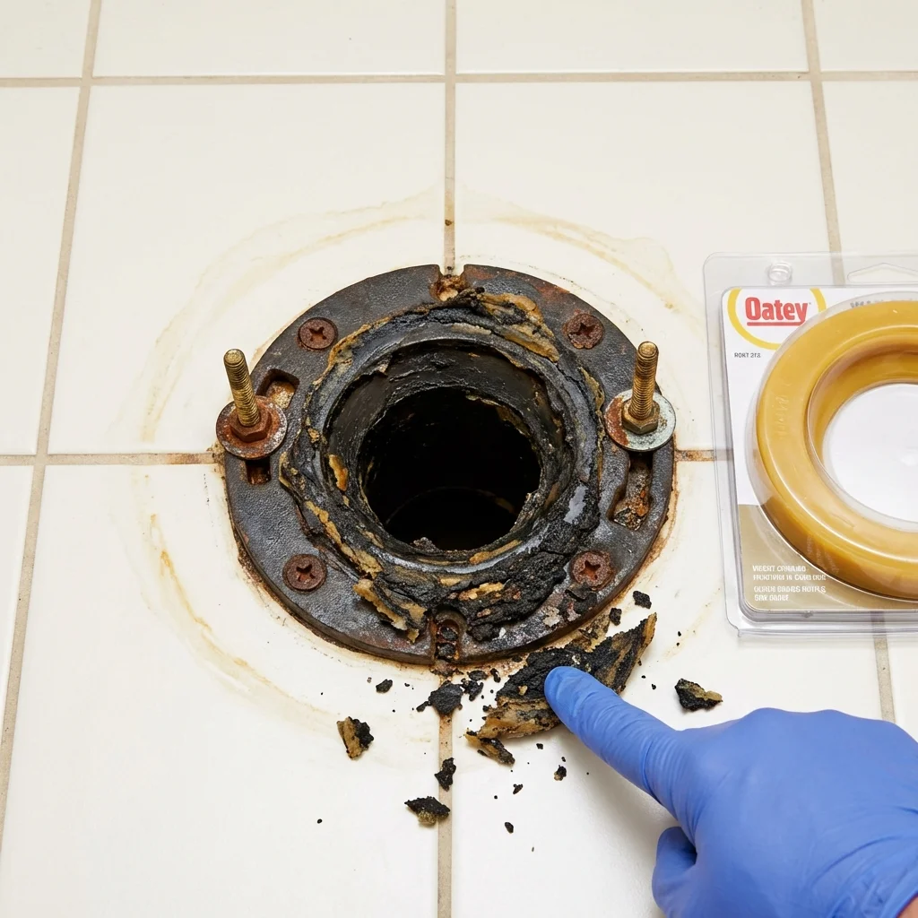 Failed wax ring showing water seepage at the base of a toilet in a Summerland, CA home