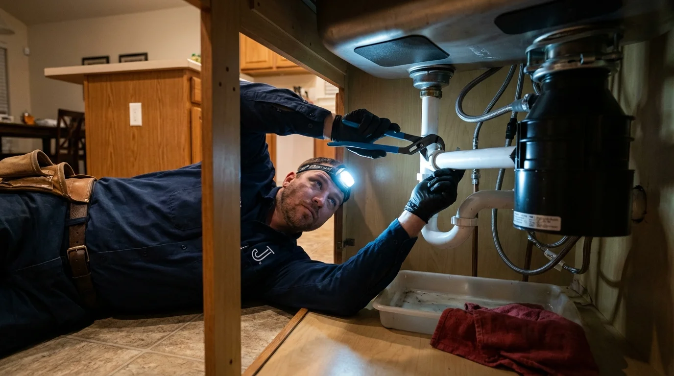 P-trap and supply line connections under a kitchen sink showing a common leak point in Summerland, CA